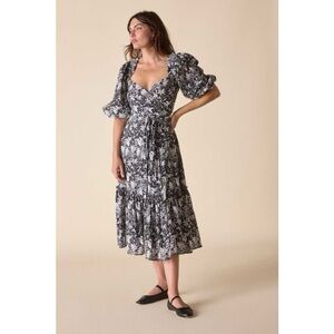 St. Roche NWT Romaine Midi Wrap Dress Black, White Floral Puff Sleeves Women’s 6